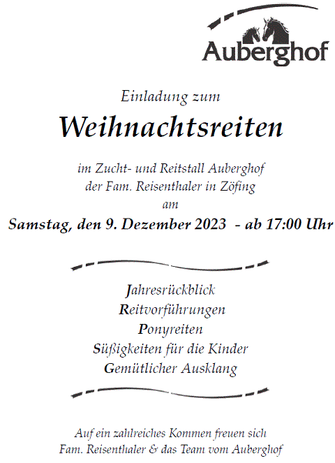 Mehr zu: Weihnachtsreiten<br>
im Zucht- und Reitstall Auberghof