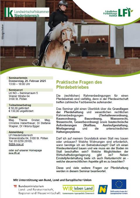 Mehr zu: Schnell anmelden!<br>
Praktische Fragen des Pferdebetriebes