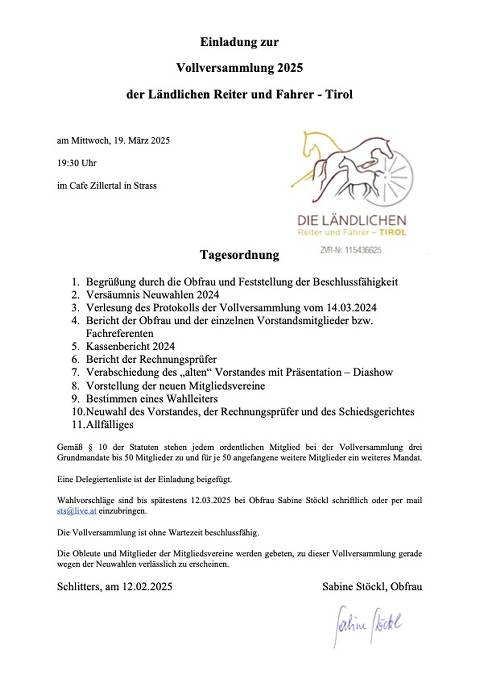 Mehr zu: Vollversammlung der Ländlichen Reiter und Fahrer Tirol 2025