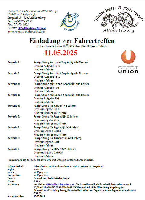 Mehr zu: Einladung zum Fahrertreffen<br>
1. Teilbewerb der NÖ MS der ländlichen Fahrer<br>
